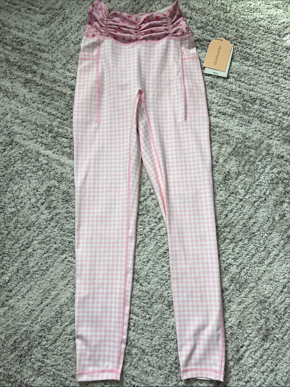 NWT Blogilates Pink and White Gingham Leggings with Floral Waistband